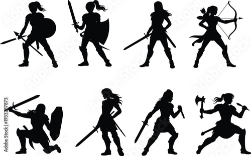 Female warrior silhouettes collection with swords, shields, and bow, depicting fantasy fighters, medieval battle poses, heroic characters, and strong women combat concept