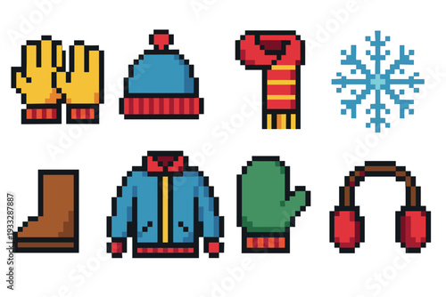 Collection of colorful pixel art winter clothing icons featuring a hat, scarf, gloves, jacket, boot, earmuffs, and a snowflake in a retro 8-bit video game style