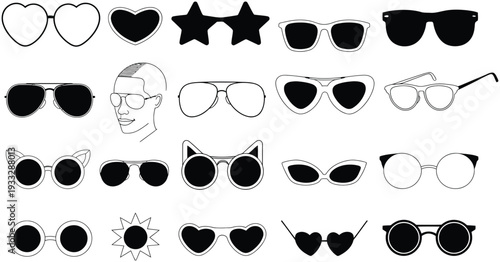 stylish sunglasses silhouette vector set with heart, star, cat eye and round frames isolated on white background for fashion, summer accessories, trendy eyewear collection for outfit styling, shopping