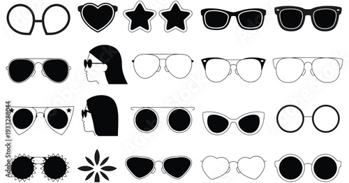 stylish sunglasses silhouette vector set with heart, star, cat eye and round frames isolated on white background for fashion, summer accessories, trendy eyewear collection for outfit styling, shopping