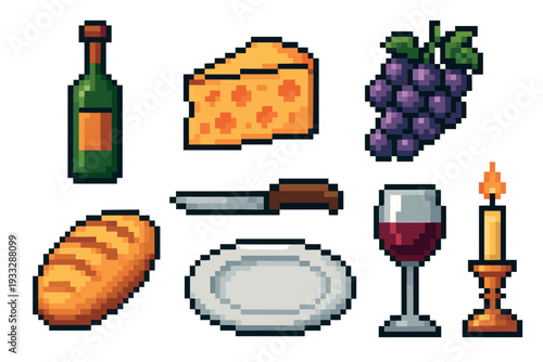 Pixel art collection of food and drink items including a wine bottle, cheese, grapes, bread, a knife, plate, glass, and candle in a retro 8-bit video game graphic style