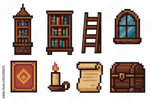 Pixel art set of fantasy library icons including a bookcase, ladder, window, rug, candle, scroll, and treasure chest for a retro video game or digital asset collection