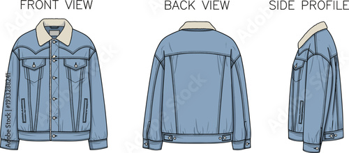 Technical sketch of men sherpa lined denim jacket, front back and side view fashion flat vector illustration for design,
