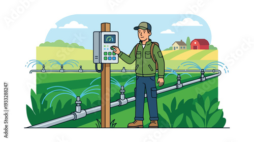 Illustration of a man adjusting an irrigation control box in a green field with a farm and sprinkler system in the background.