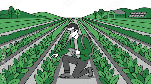 Illustration of a man kneeling in a lush green farm field, examining plants with a tablet in a serene rural landscape with solar panels.