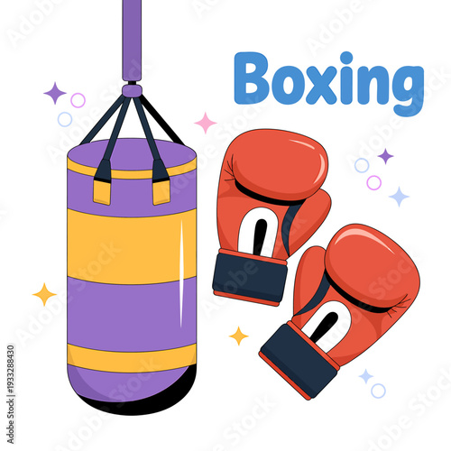 Colorful cartoon boxing equipment with punching bag and gloves  sports