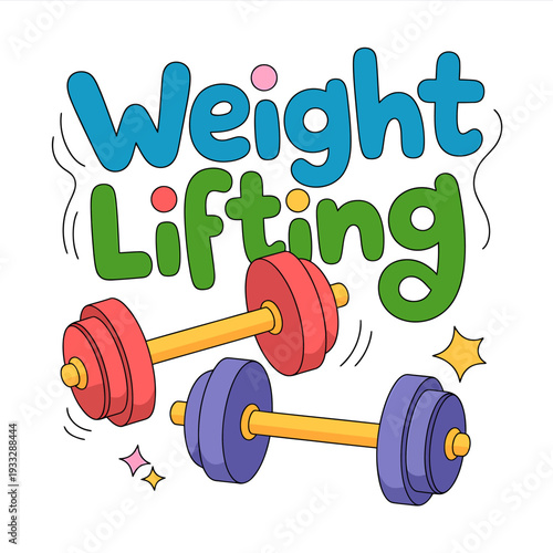 Colorful cartoon illustration of weight lifting dumbbells and text