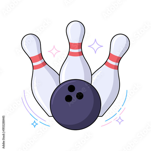 Cartoon bowling ball and pins with colorful sparkles and lines around