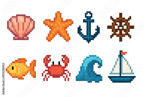 Set of pixel art nautical icons including a seashell, starfish, anchor, ship wheel, fish, crab, wave, and sailboat in a retro 8-bit video game style