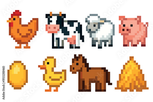 Set of pixel art farm animal icons featuring a chicken, cow, sheep, pig, egg, duck, horse, and haystack in a cute retro 8-bit video game style illustration