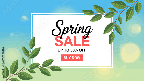 Spring sale advertisement with green leaves and colorful background