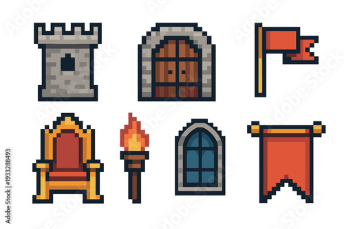 Pixel art medieval fantasy icon set with a stone tower, arched door, flag, royal throne, flaming torch, and banner for a retro 8-bit video game asset collection
