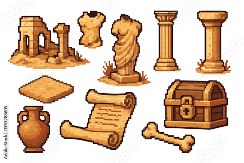 Pixel art set of ancient archaeological items including ruins, broken statues, columns, a treasure chest, scroll, amphora, and bone, representing a retro video game asset pack