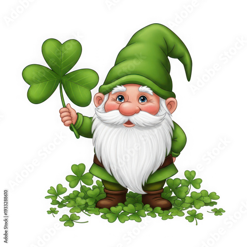 A cartoon leprechaun holding a four leaf clover isolated on transparent background, PNG