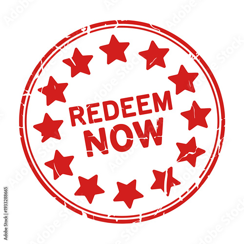 Red circular stamp with stars and redeem now text