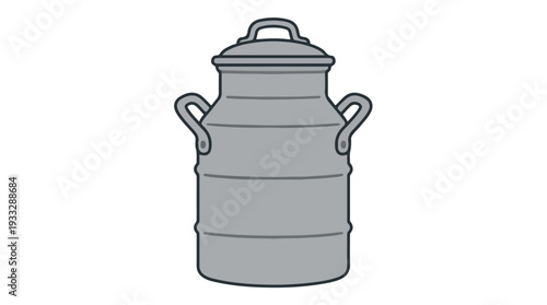 Gray metal milk can with handles and lid on white background in grayscale.