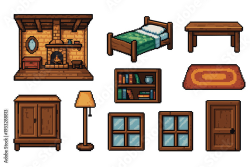 Pixel art furniture and interior items set for a cozy room, including a fireplace, bed, table, bookshelf, wardrobe, lamp, window, door, and rug in a retro video game style