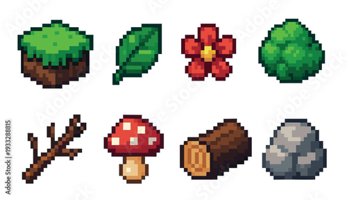 Pixel art video game nature assets collection featuring a grass block, leaf, flower, bush, stick, mushroom, log, and stone in a classic retro 8-bit style for a user interface