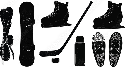 Set of 8 Winter Sports Equipment Icons Vector