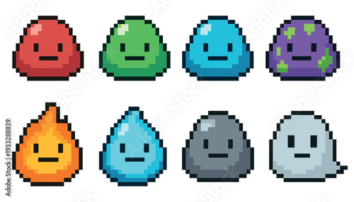 Pixel art slime characters in a set of eight elemental types like fire, water, stone, and ghost, designed as cute monster sprites for a retro 8-bit video game