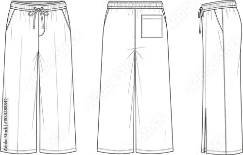 Technical sketch of women wide leg drawstring trousers, front back and side view fashion flat vector illustration for design