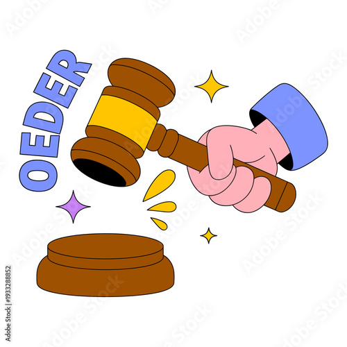 A hand holding a gavel with stars and a sound block