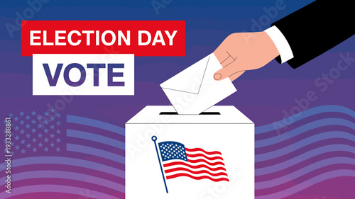 American election day voting ballot box with hand and flag