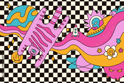 Psychedelic trippy space background with weird stretched cat, rocket and alien in UFO. Surreal melting galaxy landscape with checkerboard texture. Groovy retro 70s vibrant vector illustration.
