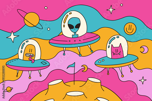 Surreal trippy space landscape with alien and weird cats flying in UFOs. Psychedelic groovy poster with melting waves, planets and smiling sun. Vibrant retro 70s style comic vector illustration.