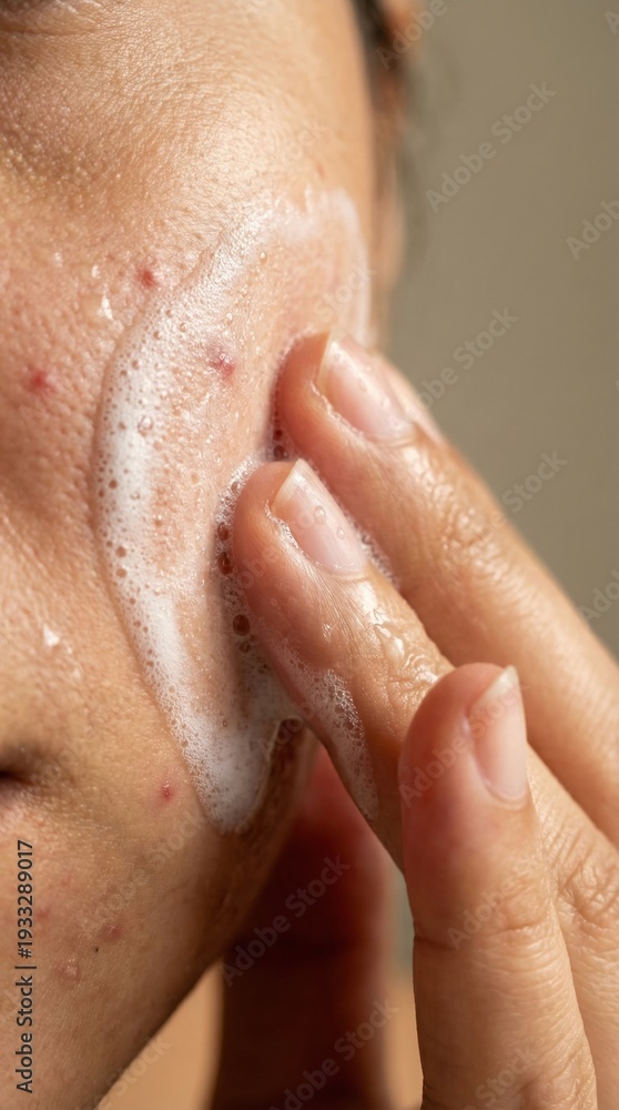 Naklejka premium Close up person applying white cleansing foam to face with acne. Focuses on skincare routine for sensitive skin. Ideal for beauty blogs, dermatology articles, or cosmetic product ads.