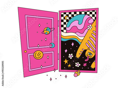 Isolated Psychedelic trippy space portal with weird cat floating in galaxy. Surreal open door vector illustration with melting planet, stars and checkerboard. Trendy hallucinogenic art for groovy