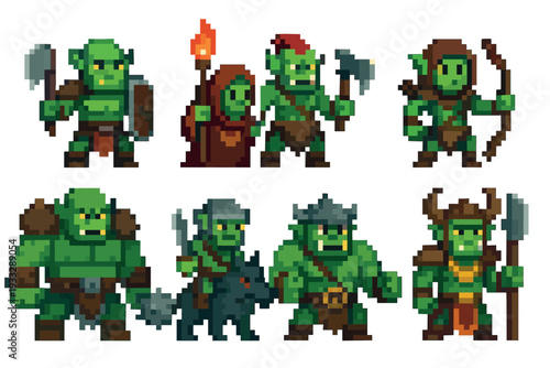 Pixel art set of green orc fantasy characters for a retro video game, featuring warriors with axes, an archer, a shaman, and a rider on a wolf-like beast