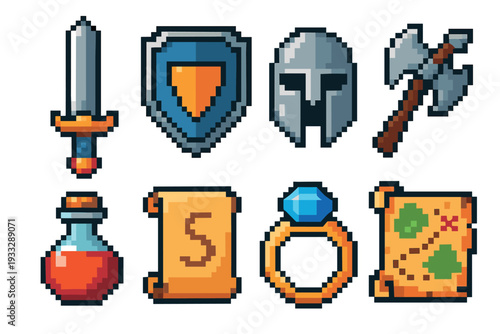 Pixel art fantasy game asset collection featuring a medieval sword, shield, helmet, battle axe, red potion, ancient scroll, jeweled ring, and a treasure map for a quest