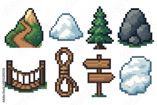 Set of eight pixel art game icons for an adventure or RPG, showing a mountain path, snow pile, fir tree, boulder, rope bridge, climbing rope, and a wooden direction sign