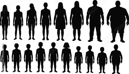 Human body silhouette collection showing different ages, genders and body types including children, adults and overweight figures isolated on white background