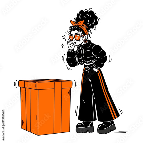 Woman Wearing Sunglasses Standing Next to Box.