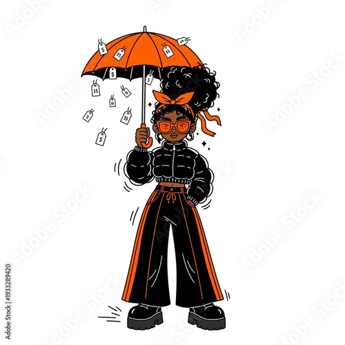 Woman Holding Orange Umbrella in Cartoon Style.