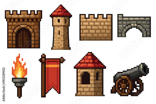 Pixel art medieval castle game assets set featuring a tower, wall, bridge, cannon, torch, and flag, designed in a classic 8-bit retro style for a fantasy video game sprite sheet