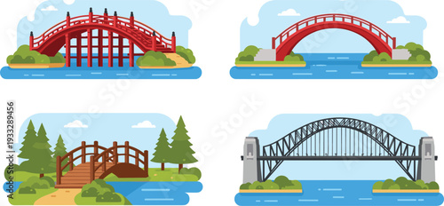 Bridge vector illustration set, red arch wooden park and steel suspension bridges over river landscape isolated on white background