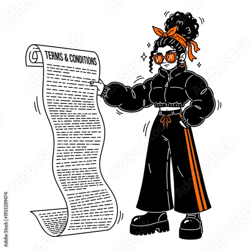 Cartoon Character Holding Terms and Conditions Document.