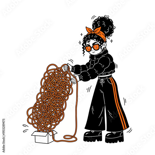 Woman Unraveling Large Messy Copper Wire.