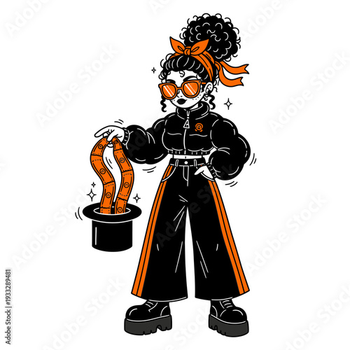Cartoon Magician Girl with Orange Ribbon.