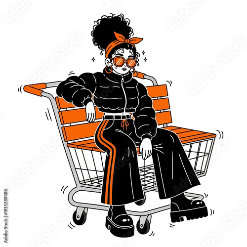 Woman Sitting in Shopping Cart Illustration.
