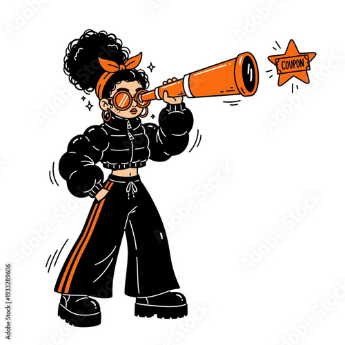 Cartoon Character Looking Through Orange Telescope.