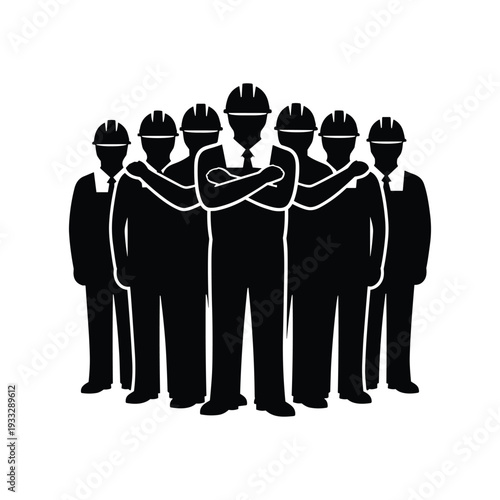 Confident business team wearing hard hats standing united