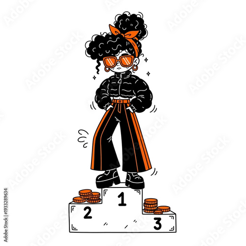 Cartoon Character Standing on Podium First Place.