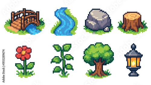 Collection of pixel art nature elements featuring a wooden bridge, winding river, large rock, tree stump, red flower, leafy plant, green tree, and glowing lantern