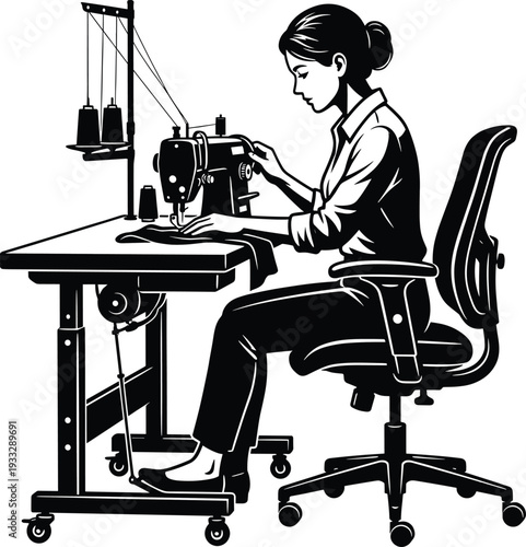 Black silhouette of a female seamstress working at an industrial sewing machine in a garment factory or workshop,