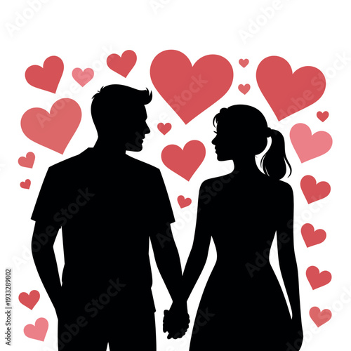 Silhouettes of a loving couple holding hands surrounded by floating red hearts.