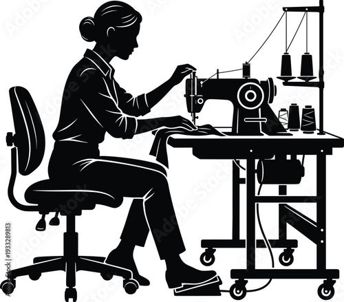Black silhouette of a female seamstress working at an industrial sewing machine in a garment factory or workshop,